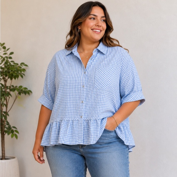 entro Tops - entro Light Blue Gingham Button-Down Ruffle Hem Top XL